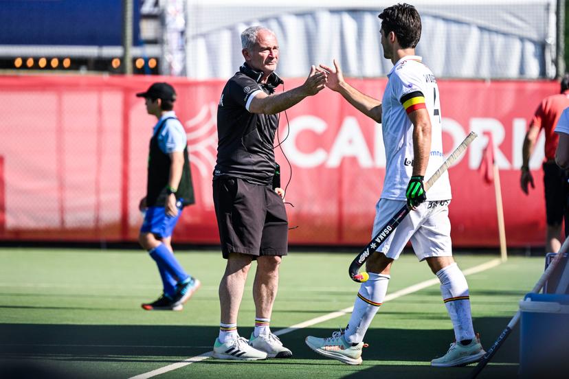 Belgium's head coach Shane McLeod and Belgium's Arthur Van Doren celebrate after winning a hockey game between Belgian national team Red Lions and India, match 13/16 in the group stage of the 2025 Men's FIH Pro League, Saturday 21 June 2025 in Antwerp. BELGA PHOTO TOM GOYVAERTS