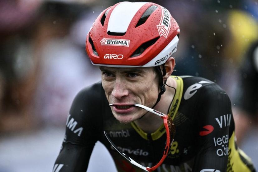 Team Visma - Lease a bike team's Danish rider Jonas Vingegaard cycles to the finish line of the 17th stage of the 112th edition of the Tour de France cycling race, 160.4 km between Bollene and Valence, southern France, on July 23, 2025.  Marco BERTORELLO / AFP
