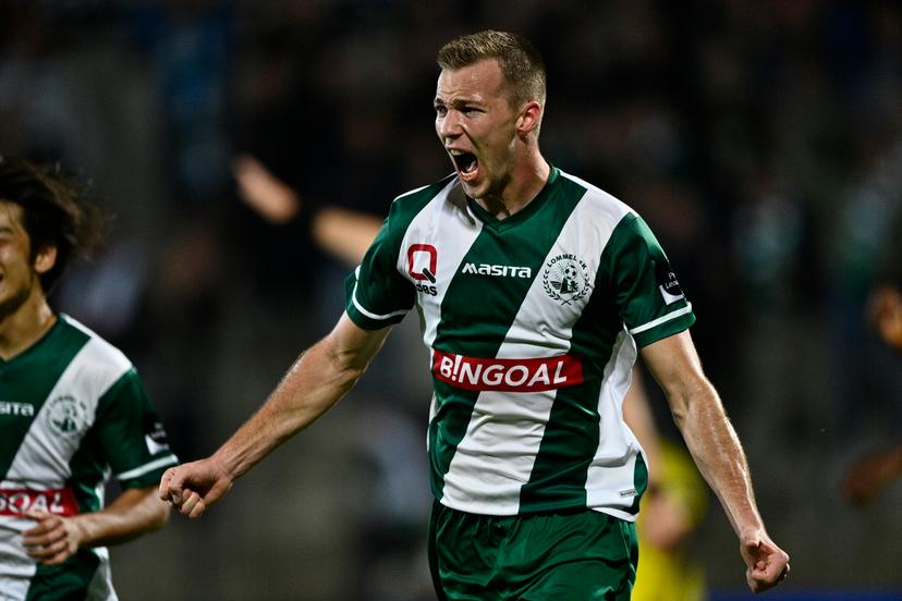 Lommel's Arno Verschueren celebrates after scoring during a soccer match between Lommel SK and Lierse Kempenzonen, Sunday 19 September 2021 in Lommel, on day 5 of the '1B Pro League' second division of the Belgian soccer championship. BELGA PHOTO JOHAN EYCKENS