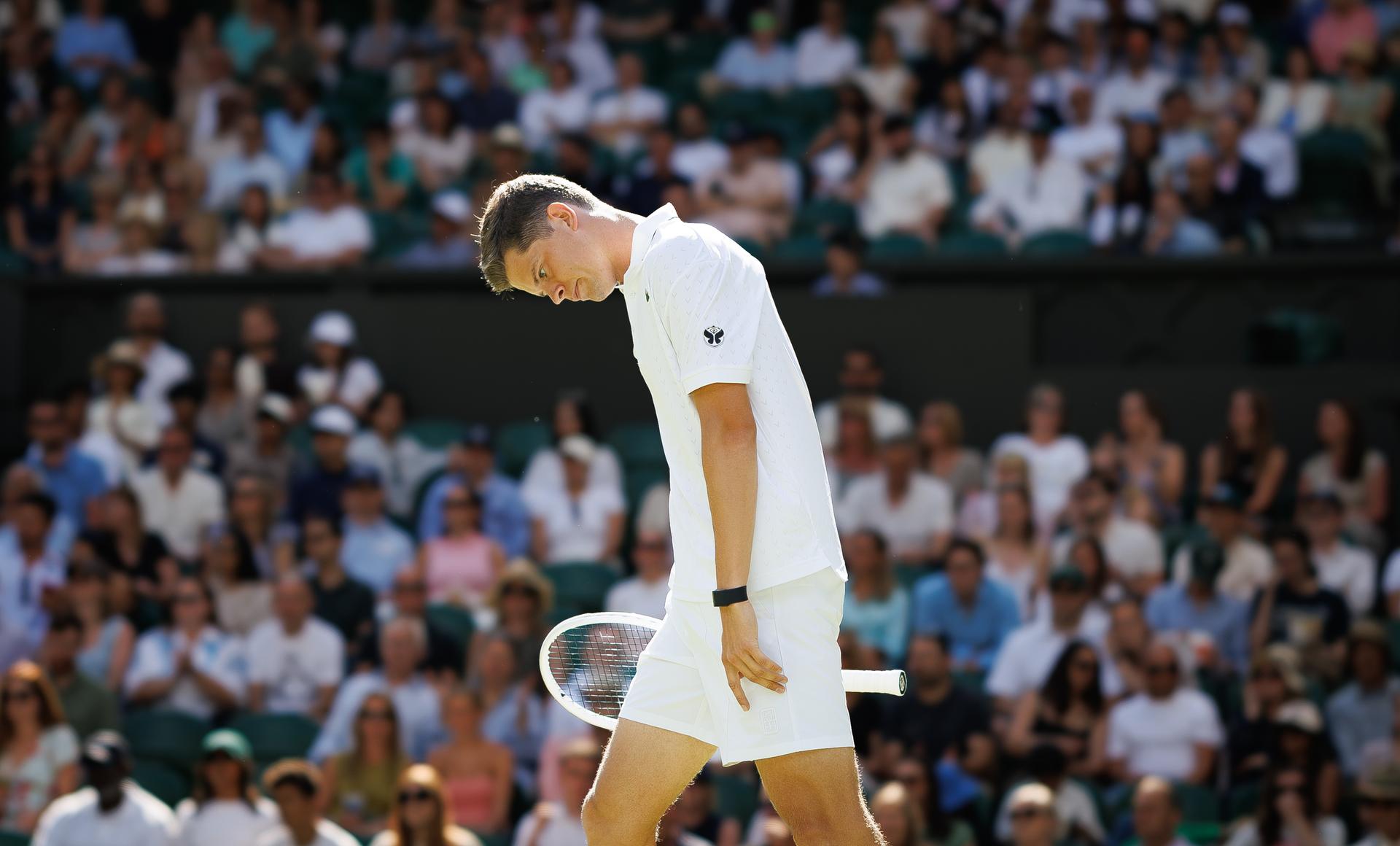 Belgian Alexander Blockx reacts during a first round game between Belgian Blockx and German Zverev in the Men's singles at the Wimbledon grand slam tennis tournament in London, Britain, Tuesday 30 June 2026. BELGA PHOTO BENOIT DOPPAGNE