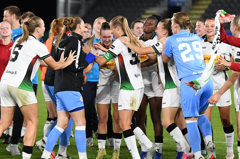 OHL's players celebrate after winning a game between Oud-Heverlee Leuven Women and Poland women team Czarni Sosnowiec,  Wednesday 2 September 2026 in Leuven, a return leg in the third round qualification game in the UEFA Women's Champions League. OHL Women won 1-4 the first leg. BELGA PHOTO JILL DELSAUX