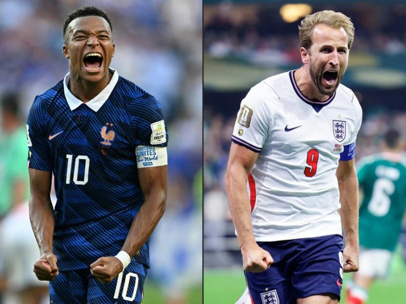 This combination of pictures created on July 16, 2026 shows France's forward #10 Kylian Mbappe celebrating at the Philadelphia Stadium in Philadelphia on July 4, 2026, and England's forward #09 Harry Kane celebrating at the Mexico City Stadium in Mexico City on July 5, 2026. France and England will meet in the 2026 World Cup football tournament match for third place at the Miami Stadium in Miami on July 18, 2026. MAURO PIMENTEL, Rodrigo Oropeza / AFP