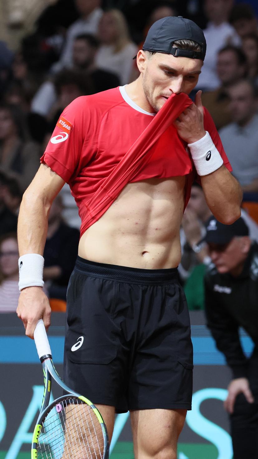Belgian Raphael Collignon pictured in action during a tennis match against Bulgarian Vasilev, during the qualifier of the Davis Cup on Saturday 07 February 2026, in Plovdiv, Bulgaria. Belgium will compete this weekend in the Davis Cup qualifiers against Bulgaria. BELGA PHOTO BENOIT DOPPAGNE