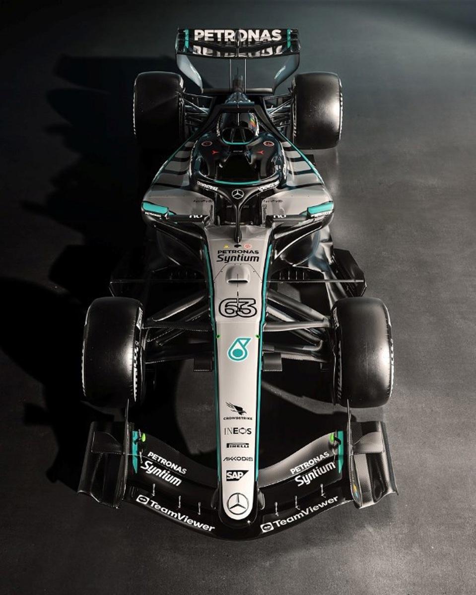 This undated photo released on January 26, 2026 by Mercedes-Benz Group AG shows the company's new Mercedes-AMG PETRONAS F1 Team car, at an unconfirmed location. The team released digital images of its W17 car on January 22, describing the 2026 season as "the biggest technical shake-up in the sport's history". Handout / Mercedes-Benz Group AG / AFP
