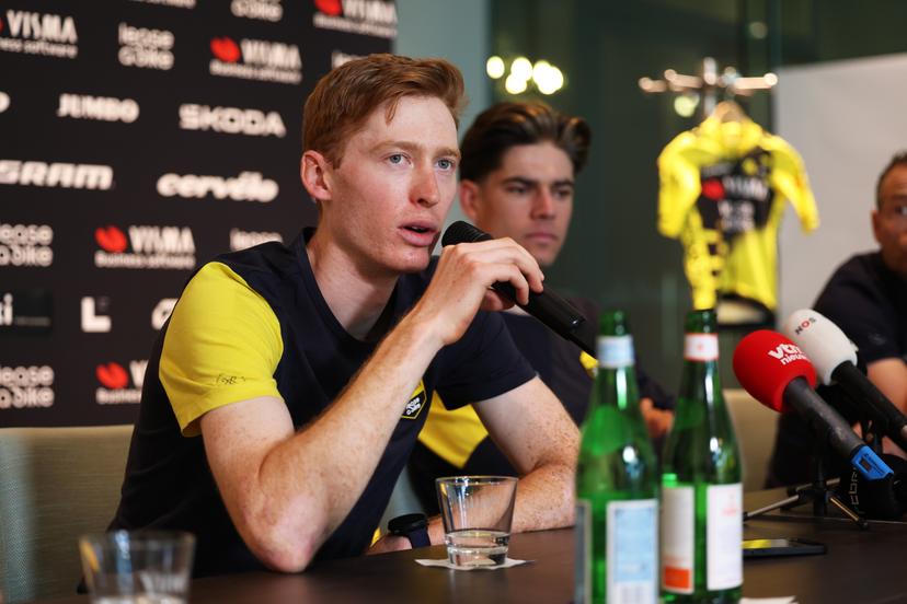 Matteo Jorgenson and Wout van Aert pictured during a press conference of the Team Visma-Lease a Bike cycling team ahead of the Ronde van Vlaanderen / Tour des Flandres / Tour of Flanders cycling race, Friday 04 April 2025 in Deerlijk. The 109th edition of the cycling race will take place on Sunday 06 April.  BELGA PHOTO KURT DESPLENTER