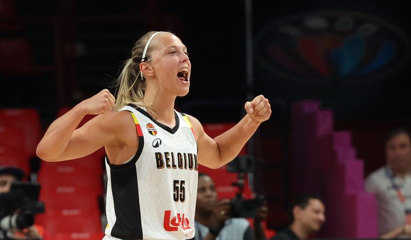 Belgium's Julie Allemand celebrates during a basketball match between Belgian national team 'the Belgian Cats' and Germany, in the quarterfinals of the FIBA Women's EuroBasket tournament, Wednesday 25 June 2025 in Piraeus, Greece. BELGA PHOTO VIRGINIE LEFOUR