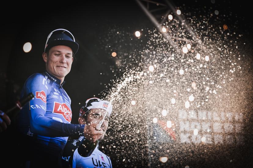 Belgian Jasper Philipsen of Alpecin-Premier Tech celebrates on the podium after winning the 'Nokere Koerse' one day cycling race for men elite, 186,4 km from Deinze to Nokere, Kruisem on Wednesday 18 March 2026. BELGA PHOTO DAVID PINTENS