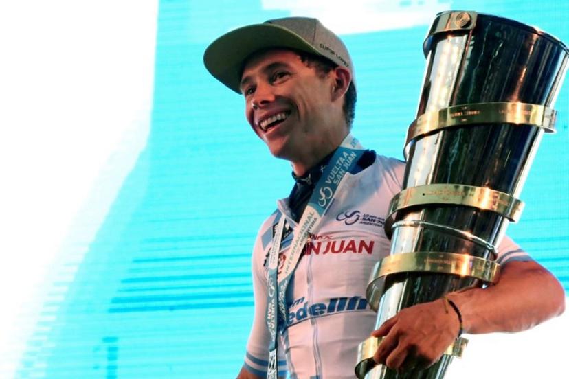 Colombia's Miguel Angel Lopez celebrates at the podium of the Vuelta a San Juan 2023, in San Juan, Argentina, on January 29, 2023.  Andres Larrovere / AFP