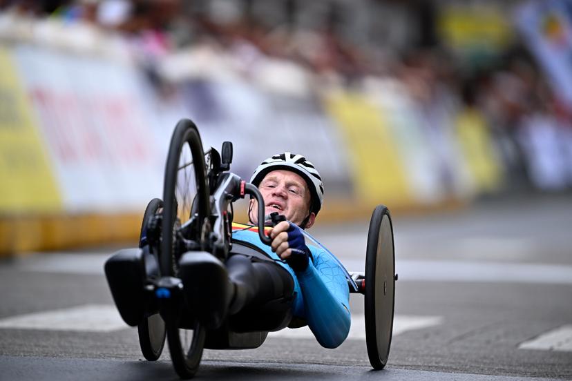 Belgium Marvin Odent (MH3) crosses the finish line of the road race at the UCI Para-cycling Road World Championships, Saturday 30 August 2025, in Ronse. The UCI Para-Cycling Road World Championships take place from 28 to 31 Augustus in Ronse. BELGA PHOTO JASPER JACOBS