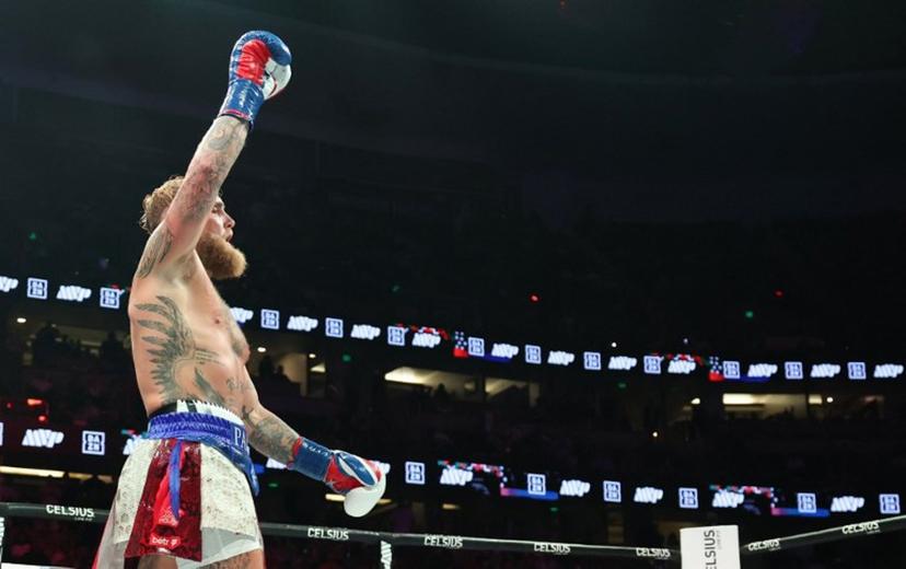USA's Jake Paul celebrates winning the cruiserweight boxing bout against Mexico's Julio Cesar Chavez Jr. at the Honda Center in Anaheim, California, on June 28, 2025.   Patrick T. Fallon / AFP