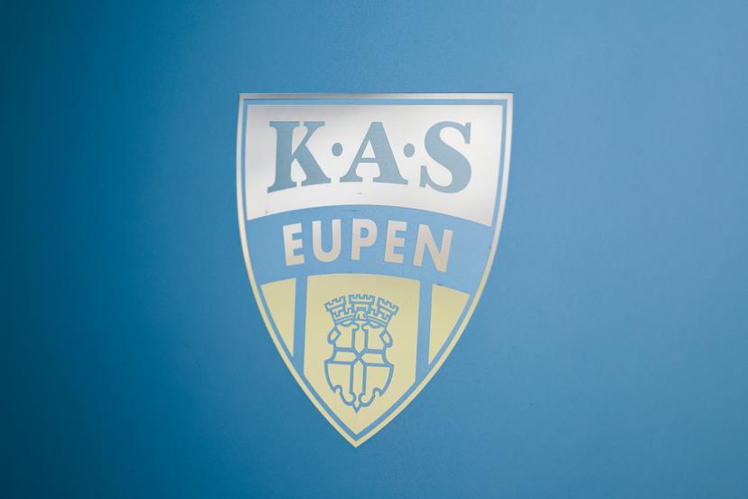 K.A.S. Eupen logo pictured at the weekly press conference of Belgian soccer team KAS Eupen, Thursday 31 October 2024 in Eupen, to discuss the next game in the challenger pro league national competition. BELGA PHOTO NATACHA FREISEN