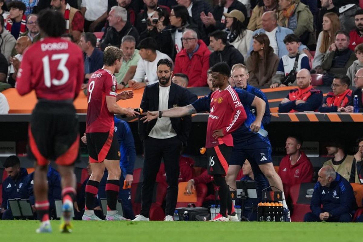Manchester United's Portuguese head coach Ruben Amorim reacts during the UEFA Europa League final football match between Tottenham Hotspur and Manchester United at San Mames stadium in Bilbao on May 21, 2025.  CESAR MANSO / AFP