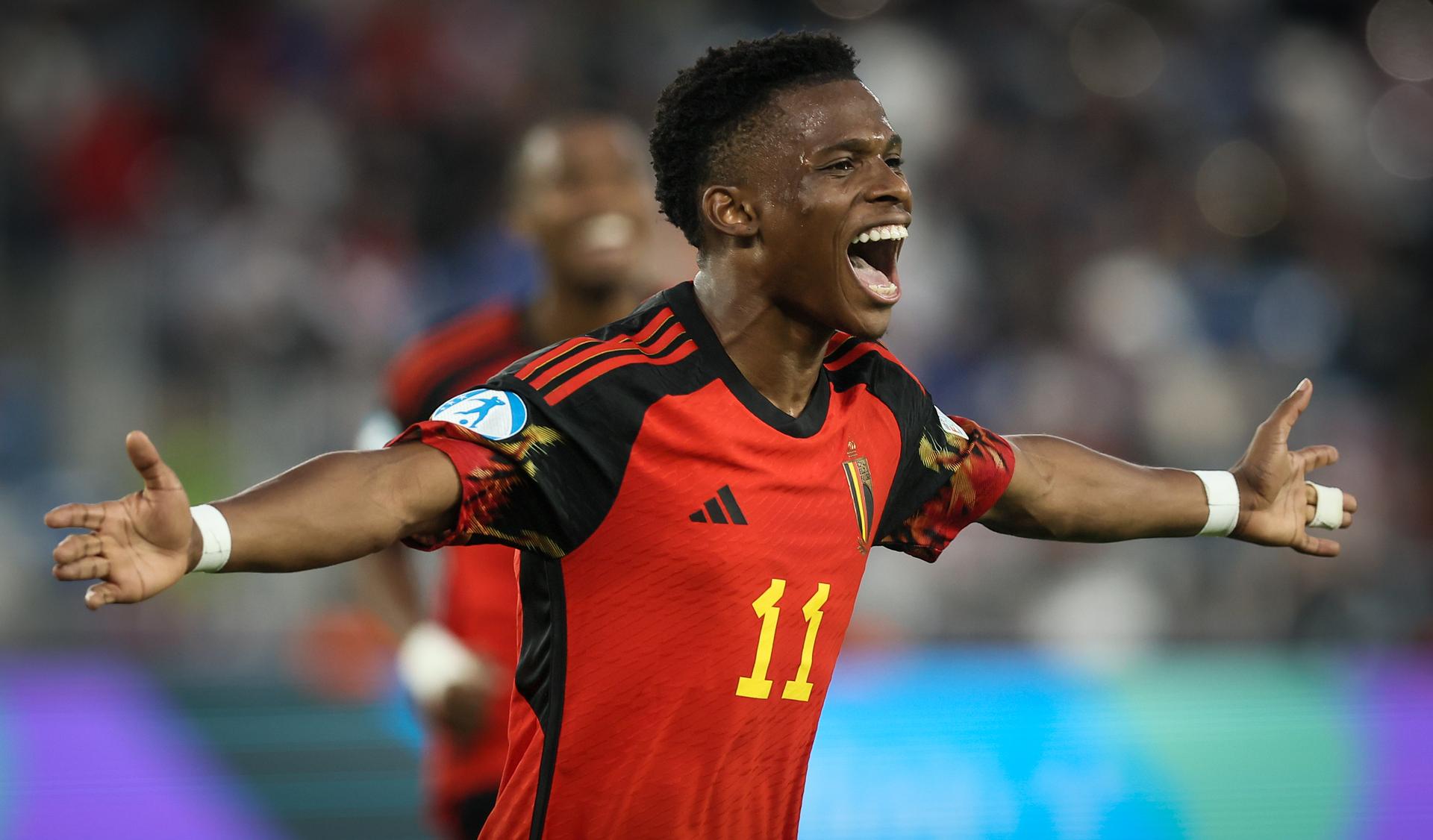 Belgium's Largie Ramazani celebrates after scoring the 0-2 goal during the second game of the group stage (group A) between Georgia and Belgium at the UEFA Under21 European Championships, in Tbilisi, Georgia, Saturday 24 June 2023. The UEFA Under21 European Championships take place from 21 June to 08 July in Georgia and Romania. BELGA PHOTO BRUNO FAHY