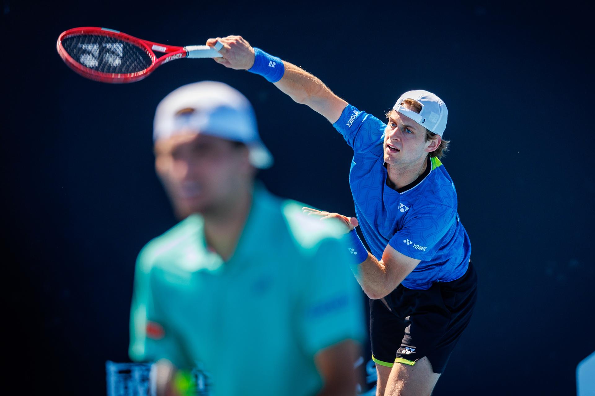 Belgian Zizou Bergs pictured during a first round match of Belgium's Bergs/Collignon against Australia's pair McCabe/Tu in the men doubles at the Australian Open, Melbourne Park, Melbourne on Wednesday 21 January 2026. McCabe/Tu won the game. BELGA PHOTO PATRICK HAMILTON  --- BENELUX ONLY   ---