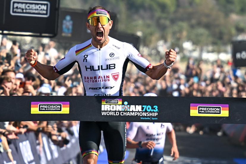 Belgian Jelle Geens is pictured winning another Ironman 70.3 world championship title, in Marbella, Spain, on Sunday 09 November 2025. Geens wins another Ironman 70.3 world championship title ahead of Blummenfelt and Stornes. BELGA PHOTO DAVID PINTENS