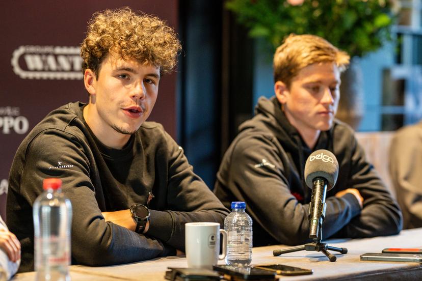 Belgian Arnaud De Lie of Lotto-Intermarche and Belgian Jenno Berckmoes of Lotto-Intermarche pictured during a press conference of the Lotto-Intermarche cycling team, to discuss this weekend's one-day cycling race Omloop Het Nieuwsblad, the opening race of the Flemish classic one day races season, Thursday 26 February 2026 in Sint-Martens-Latem. BELGA PHOTO DAVID PINTENS