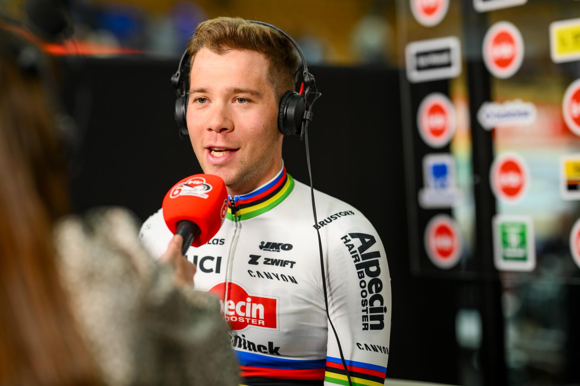 Belgian Fabio Van Den Bossche of Alpecin-Deceuninck talks to the press at the first day of the Zesdaagse Vlaanderen-Gent six-day indoor track cycling event at the indoor cycling arena 't Kuipke, Tuesday 18 November 2025, in Gent. BELGA PHOTO DAVID PINTENS