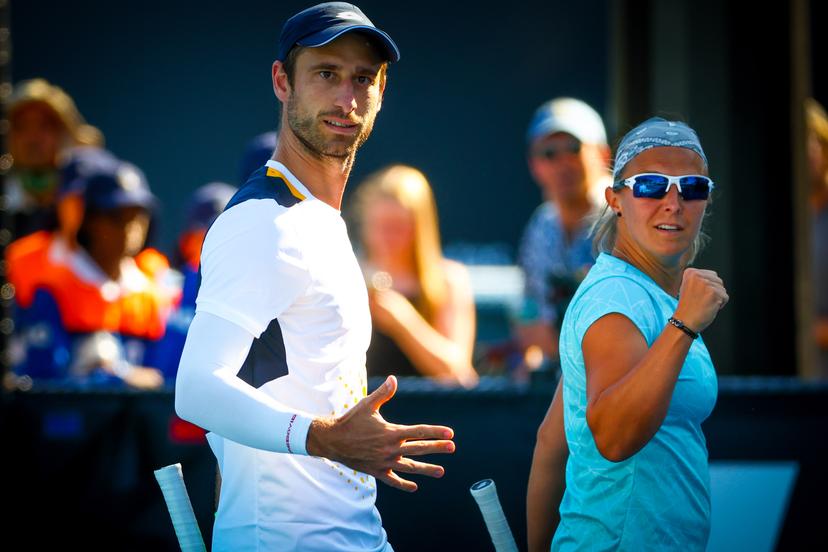 Belgian Kirsten Flipkens and Belgian Sander Gille pictured in action during a tennis match between the Belgian pair Flipkens-Gille and French-Croatian pair Mladenovic-Dodig, in the first round of the mixed doubles at the 'Australian Open' Grand Slam tennis tournament, Saturday 22 January 2022 in Melbourne Park, Melbourne, Australia. The 2022 edition of the Australian Grand Slam takes place from January 17th to January 30th. BELGA PHOTO PATRICK HAMILTON