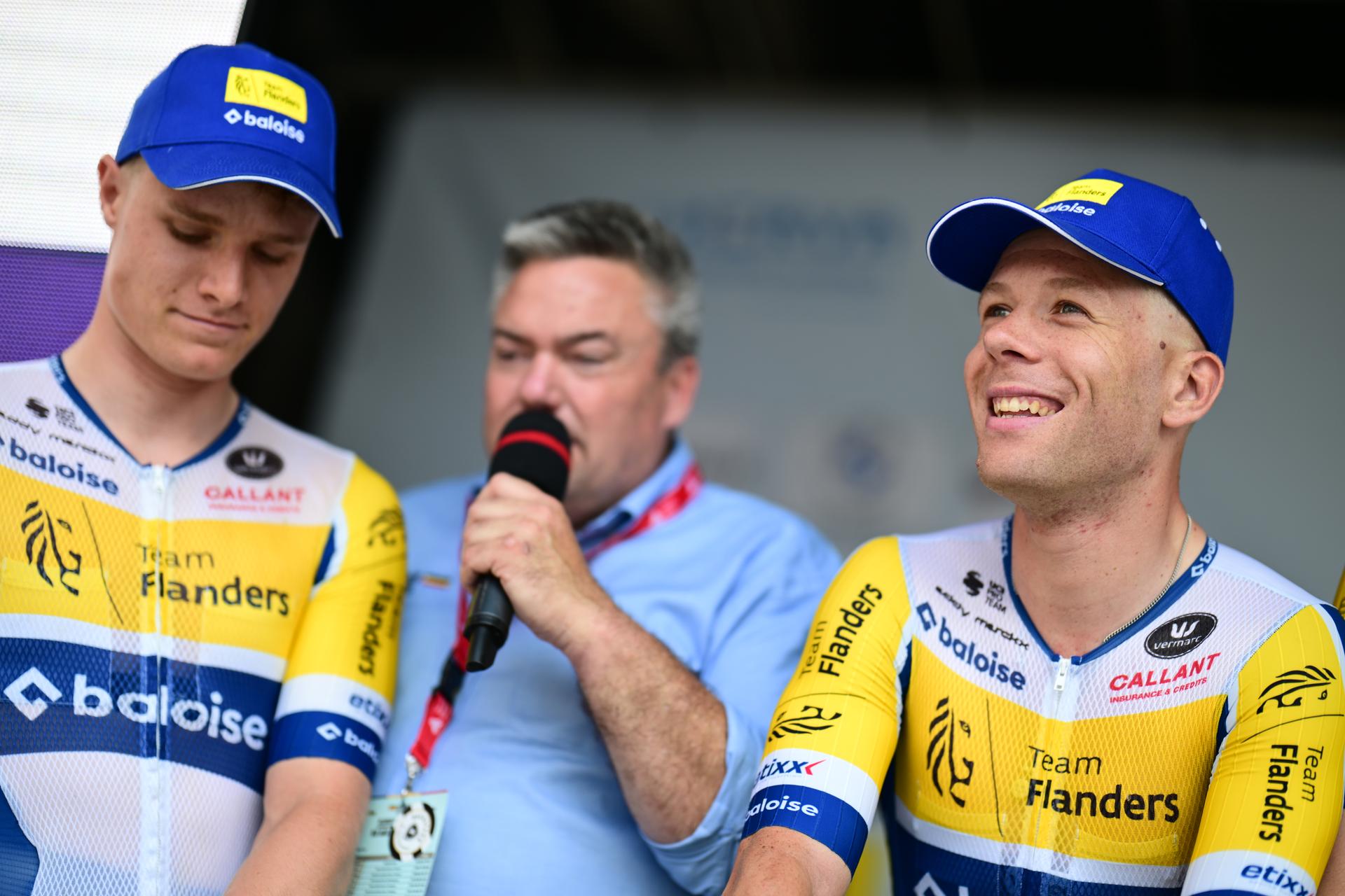 Belgian Jules Hesters of Team Flanders-Baloise (R) pictured at the start of the men's elite race (240km) of the Belgian Cycling Championships, from the Grote Markt square in Antwerp to Brasschaat on Sunday 28 June 2026. BELGA PHOTO TOM GOYVAERTS