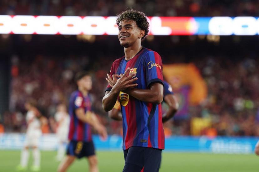 Barcelona's Spanish forward #10 Lamine Yamal celebrates scoring his team's fifth goal during the Spanish league football match between FC Barcelona and Rayo Vallecano de Madrid at Camp Nou Stadium in Barcelona on August 31, 2026.  Lluis GENE / AFP