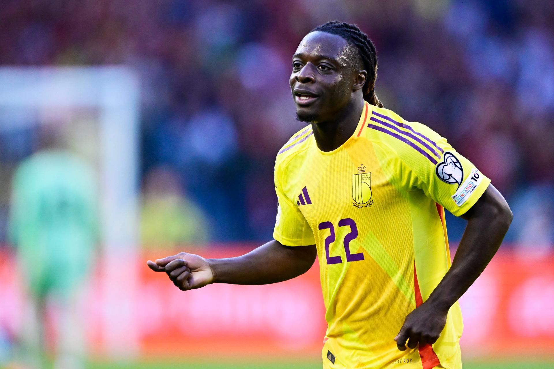 Belgium's Jeremy Doku celebrates after scoring the 3-0 goal during a soccer game between Belgian national team Red Devils and Wales, Monday 09 June 2025 in Bussels, the second (out of 8) qualification games for the World Cup 2026. BELGA PHOTO DIRK WAEM