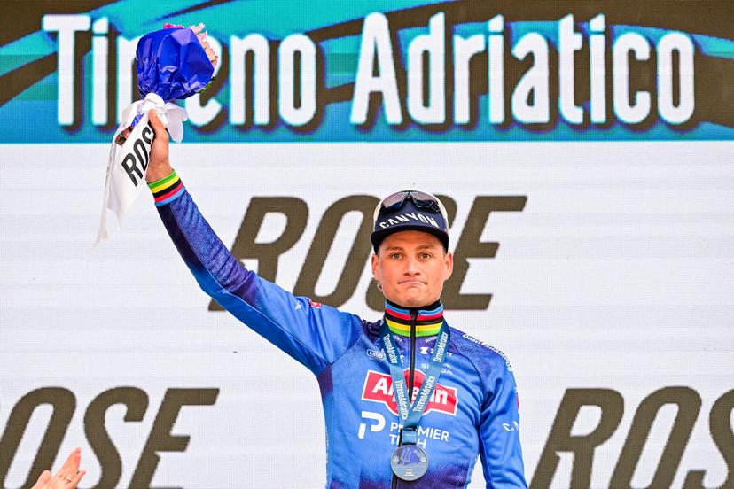 Dutch Mathieu van der Poel of Alpecin-Premier Tech celebrates on the podium after winning the second stage of the Tirreno-Adriatico cycling race, from Camaiore to San Gimignano (206 km), Italy, Tuesday 10 March 2026. BELGA PHOTO DIRK WAEM