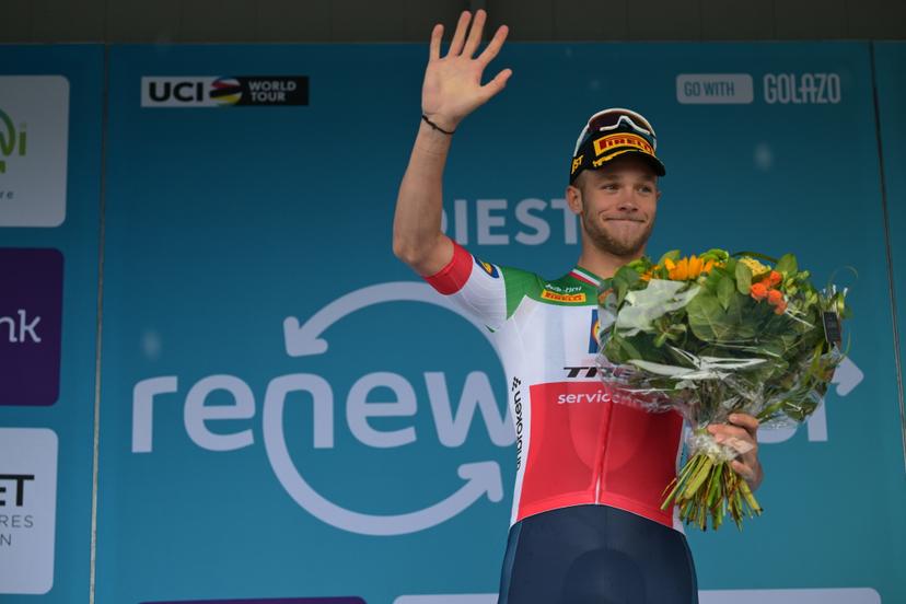 Winner Italian Jonathan Milan of Lidl-Trek celebrates on the podium of the first stage of the 'Renewi Tour' multi-stage cycling race, from Diest and back (191,3 km) on Wednesday 19 August 2026. The five-day race takes place from 19 to 23/08. BELGA PHOTO DAVID PINTENS