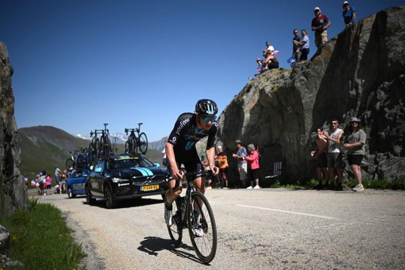 Team DSM team's American rider Kevin Vermaerke climbs the "Col de la Croix de Fer" during the seventh stage of the 74th edition of the Criterium du Dauphine cycling race, 135kms between Saint-Chaffrey to Vaujany, south-eastern France, on June 11, 2022.  Marco BERTORELLO / AFP