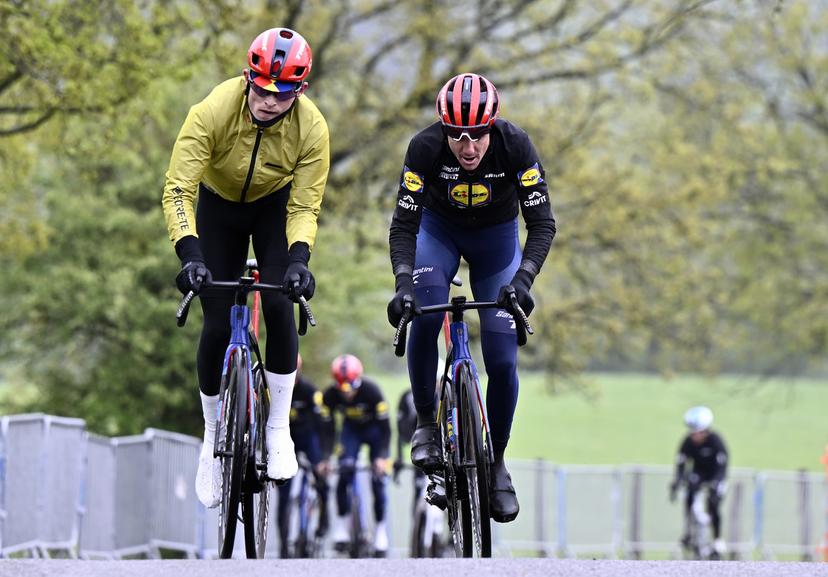 Danish Mattias Skjelmose Jensen of Lidl-Trek and Austrian Patrick Konrad of Lidl-Trek pictured in action during a training and track reconnaissance session, on the 'Cote de la Redoute', in Remouchamps, Aywaille, ahead of the Liege-Bastogne-Liege one day cycling race, Thursday 24 April 2025. BELGA PHOTO ERIC LALMAND