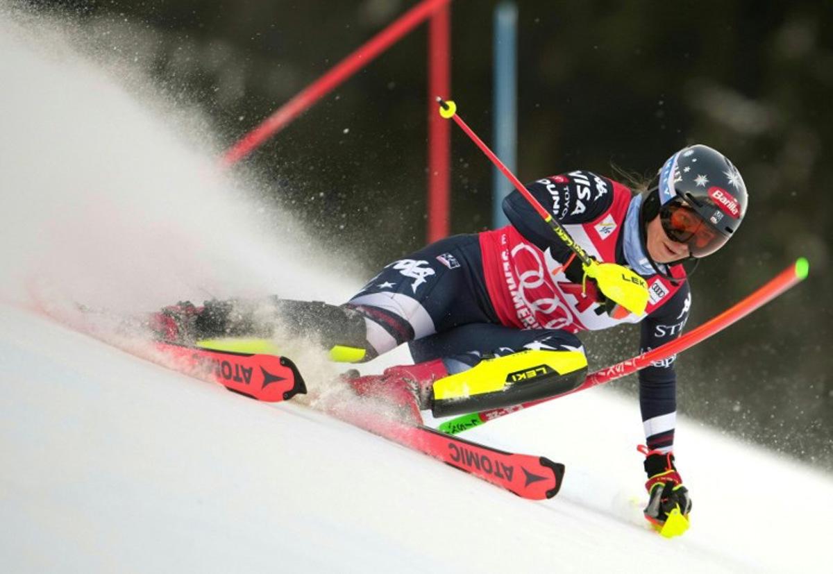 USA's Mikaela Shiffrin competes in the first run of the Women's Slalom race of the FIS Alpine Ski World Cup in Semmering, Austria on December 28, 2025.  GEORG HOCHMUTH / APA / AFP