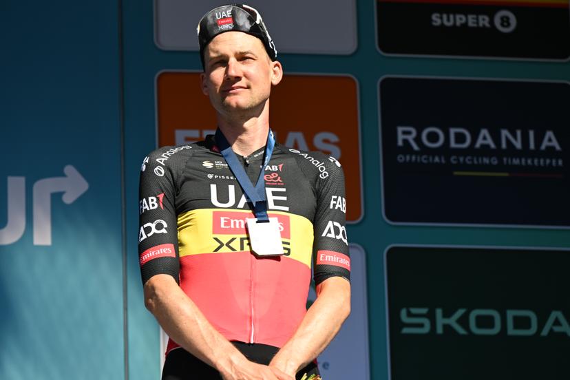 Belgian Tim Wellens of UAE Team Emirates pictured on the podium of the general ranking after the fifth and last stage of the 'Renewi Tour' multi-stage cycling race, 185km from and to Leuven on Sunday 24 August 2025. The five-day race takes place in Belgium and the Netherlands.  BELGA PHOTO DAVID PINTENS