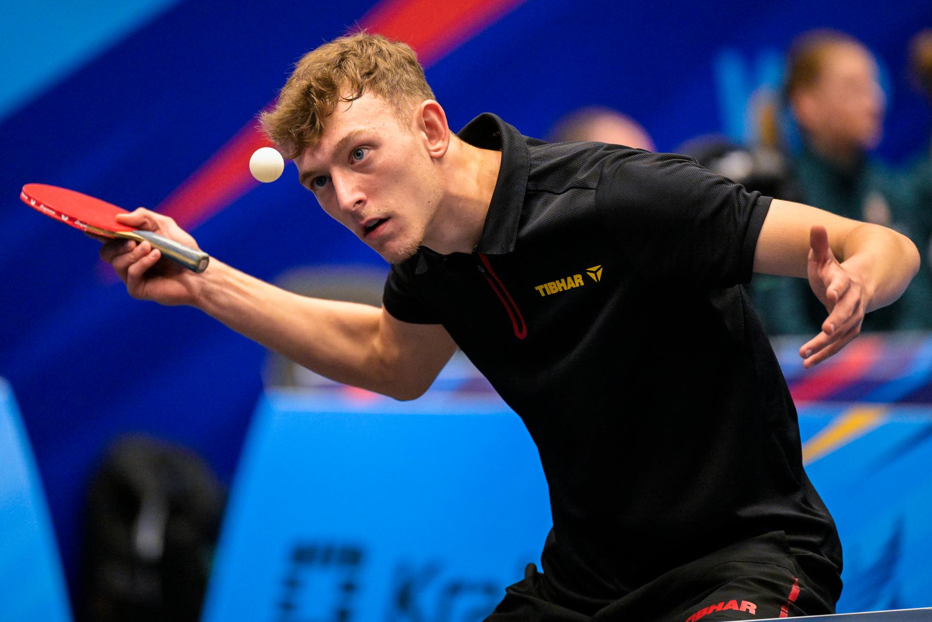Table Tennis player Adrien Rassenfosse pictured in action during a match in the Men's Team Quarterfinal between Belgium and Germany, in the Table Tennis competition at the European Games in Krakow, Poland on Thursday 29 June 2023. The 3rd European Games, informally known as Krakow-Malopolska 2023, is a scheduled international sporting event that will be held from 21 June to 02 July 2023 in Krakow and Malopolska, Poland. BELGA PHOTO LAURIE DIEFFEMBACQ