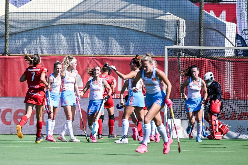 Netherlands' Yibbi Jansen celebrates after scoring during a hockey game between Belgian national team Red Panthers and The Netherlands, match 16/16 in the group stage of the 2025 women's FIH Pro League, Sunday 29 June 2025 in Antwerp. BELGA PHOTO TOM GOYVAERTS