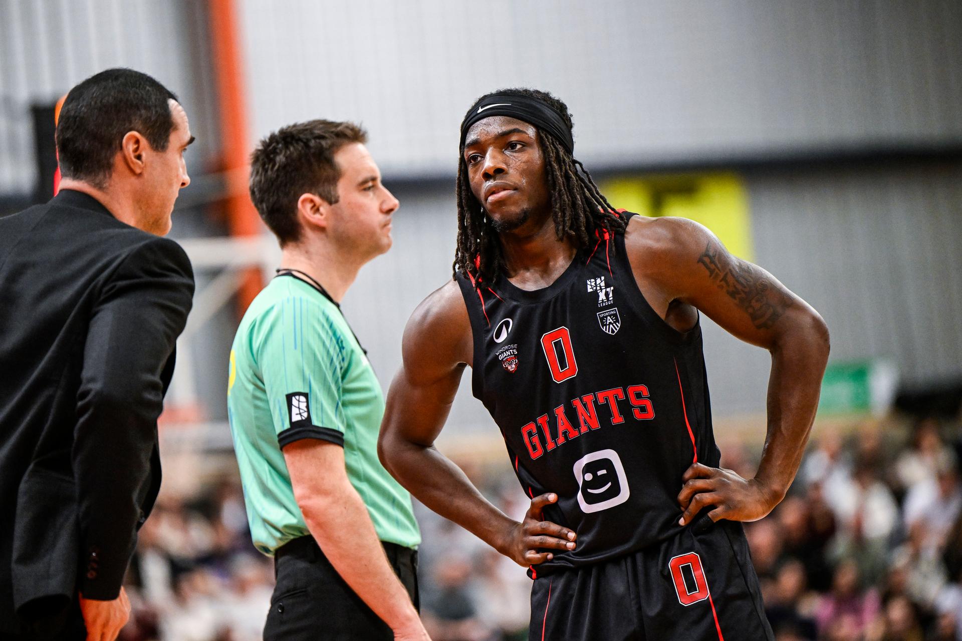 Antwerp's head coach Roel Moors and Antwerp's Rasheed Bello pictured during a basketball match between Limburg United and Antwerp Giants, Sunday 08 February 2026, in Hasselt, in the semifinals of the Men's Lotto Basketball Cup competition. BELGA PHOTO TOM GOYVAERTS