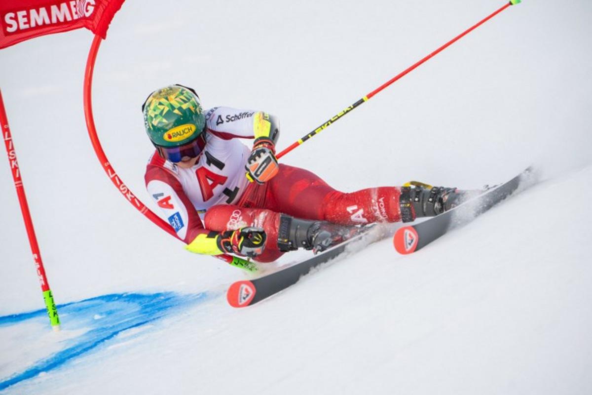 Austria's Julia Scheib competes during the women's giant slalom event of the FIS Alpine Ski World Cup in Semmering, Austria on December 27, 2025.  GEORG HOCHMUTH / APA / AFP