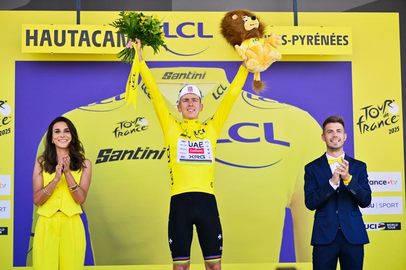 Slovenian Tadej Pogacar of UAE Team Emirates celebrates on the podium in the yellow jersey of leader in the overall ranking after stage 12 of the 2025 Tour de France cycling, from Auch to Hautacam (181 km), on Thursday 17 July 2025 in France. The 112th edition of the Tour de France starts on Saturday 5 July in Lille, France, and will finish in Paris, France on the 27th of July.   BELGA PHOTO DIRK WAEM