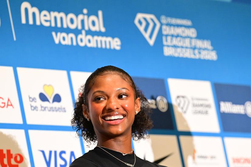 US' Masai Russell pictured at a press conference on the 50th edition of the Memorial Van Damme athletics event in Brussels, Thursday 3 September 2026. The 2026 Allianz Memorial Van Damme Diamond League meeting takes place on 4 and 5 September 2026. BELGA PHOTO DIRK WAEM