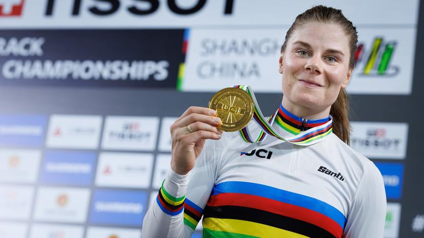 Belgian Lotte Kopecky, winner of the gold medal celebrates after winning the Women's Elimination event at the UCI Track Cycling World Championships in Shanghai, China on Thursday 15 October 2026. The worlds are taking place from 14 to 18 October 2026. BELGA PHOTO BENOIT DOPPAGNE