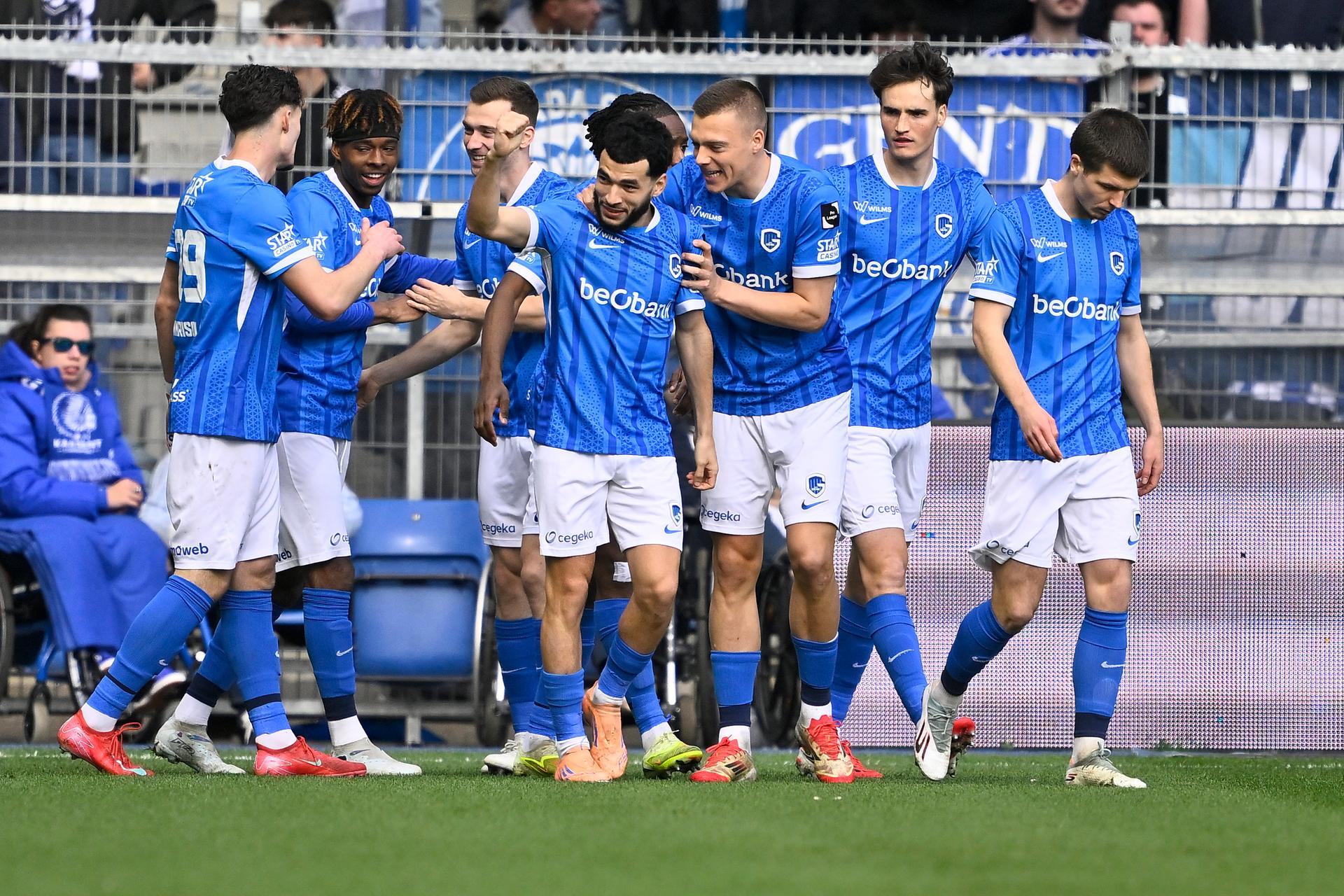 Genk's Zakaria El Ouahdi celebrates after scoring during a soccer match between KRC Genk and KAA Gent, Sunday 01 March 2026 in Genk, on day 27 of the 2025-2026 'Jupiler Pro League' first division of the Belgian championship. BELGA PHOTO JOHAN EYCKENS