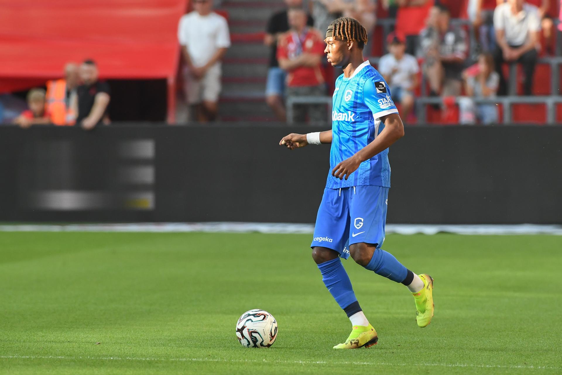 Genk's Noah Adedeji-Sternberg pictured in action during a soccer match between Standard de Liege and KRC Genk, Sunday 10 August 2025 in Liege, on day 3 of the 2025-2026 'Jupiler Pro League' first division of the Belgian championship. BELGA PHOTO JILL DELSAUX