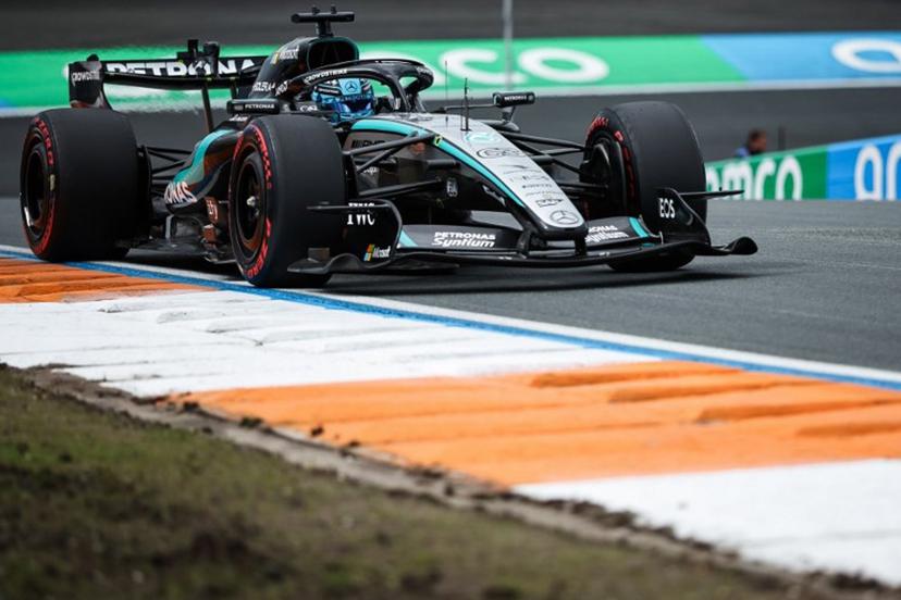 Mercedes' British driver George Russell drives during the first practice session of the Formula One Dutch Grand Prix at The Circuit Zandvoort, western Netherlands, on August 21, 2026.  SIMON WOHLFAHRT / AFP