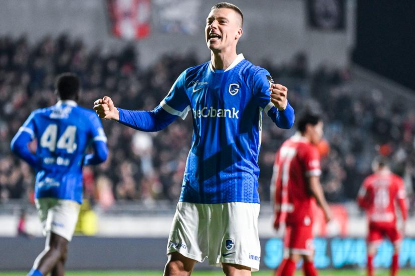 Genk's Daan Heymans celebrates after scoring during a soccer match between Royal Antwerp FC and KRC Genk, Friday 03 April 2026 in Antwerp, on the first day of the Europe Play-offs (PO 2) of the 2025-2026 'Jupiler Pro League' first division of the Belgian championship. BELGA PHOTO TOM GOYVAERTS