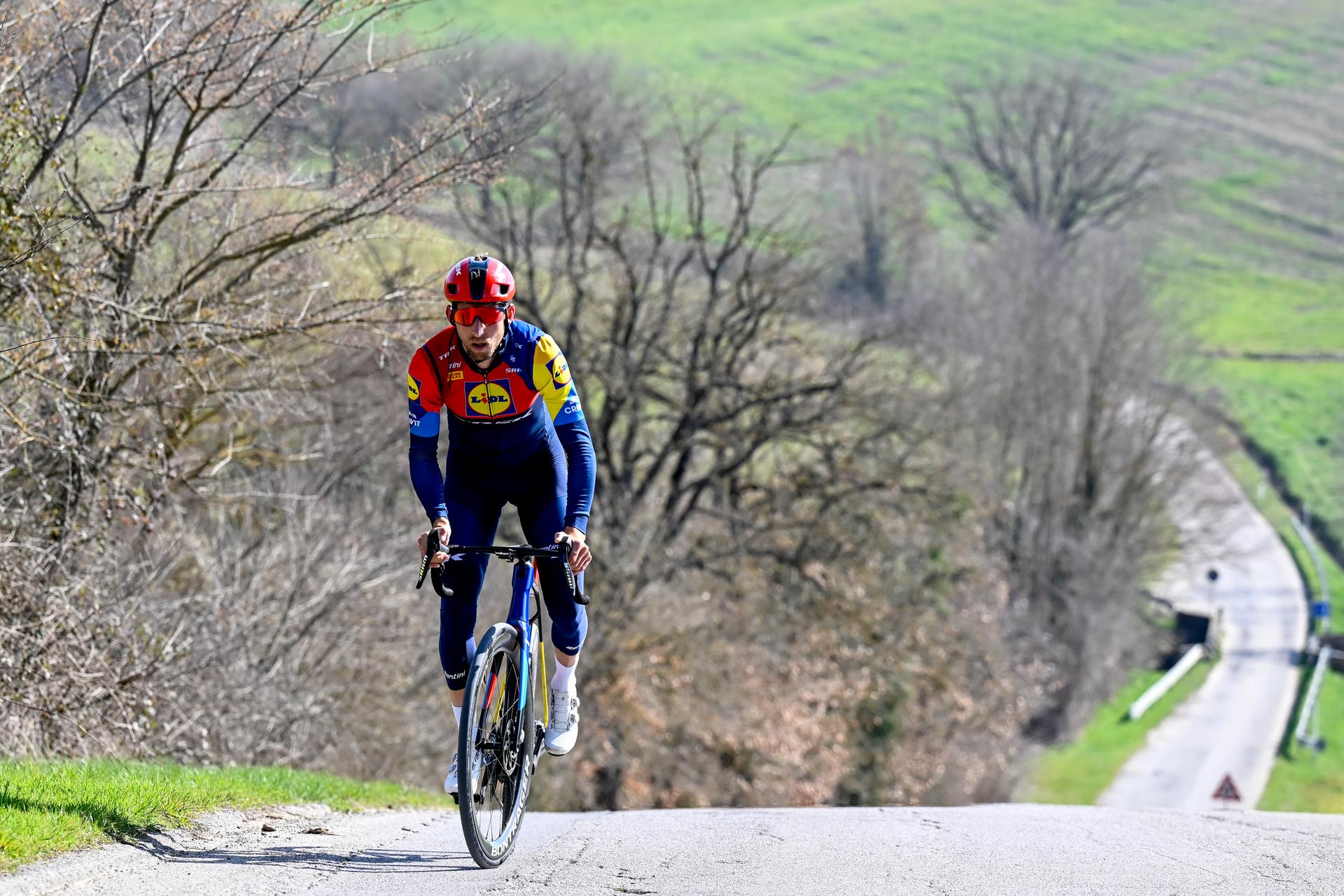 Dutch Bauke Mollema of Lidl-Trek pictured in action during preparations for tomorrow's 'Strade Bianche' one day cycling race from and to Siena, Italy, Friday 07 March 2025. BELGA PHOTO DIRK WAEM