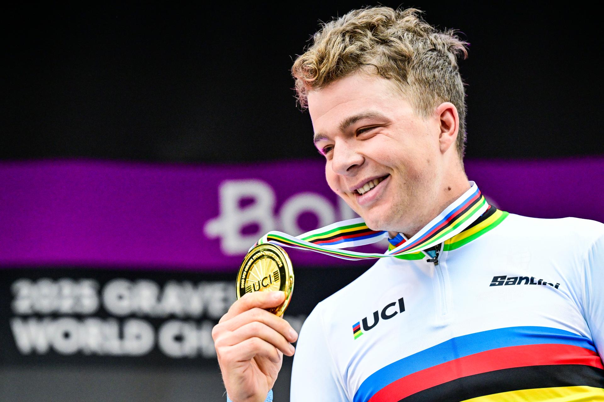 Belgian Florian Vermeersch celebrates on the podium after winning the men elite race at the UCI World Gravel Championships, Sunday 12 October 2025, in Maastricht, The Netherlands. BELGA PHOTO DIRK WAEM