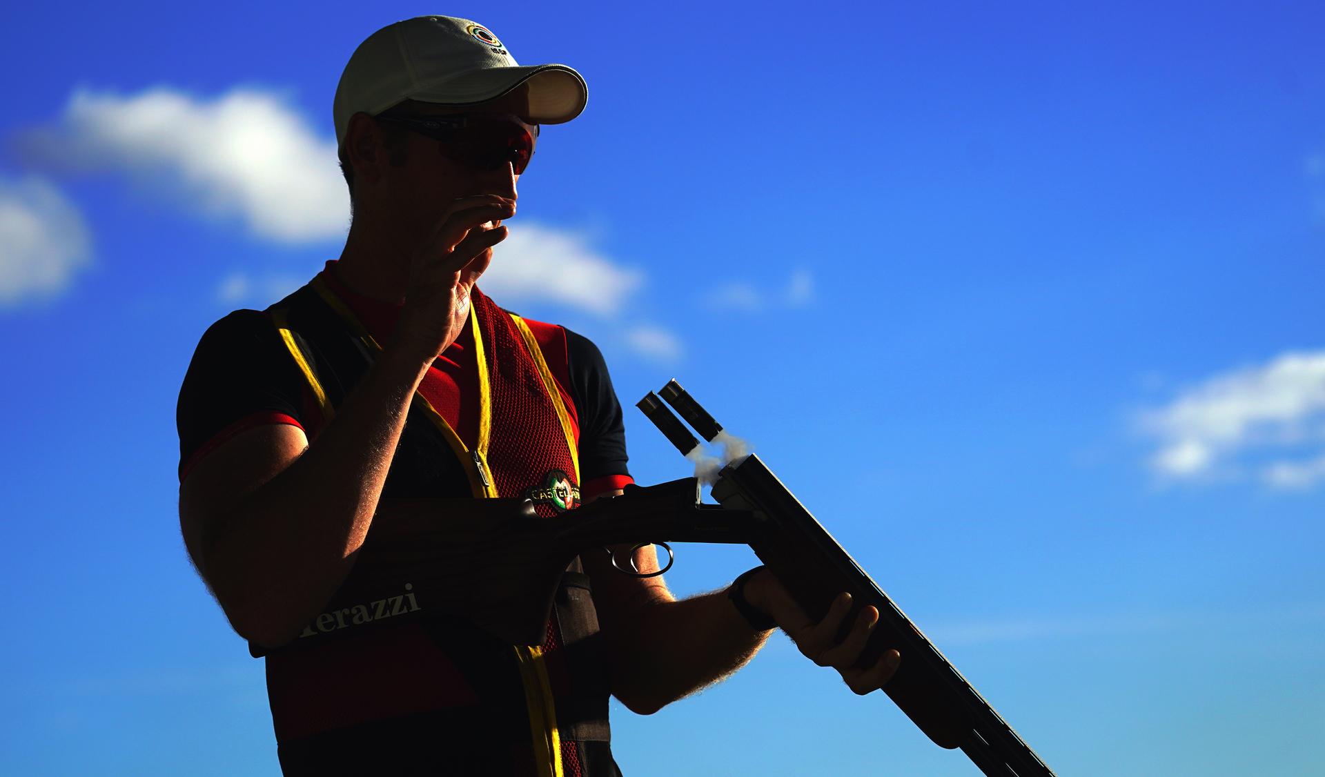 Belgian clay shooting athlete Yannick Peeters pictured in action during the BOIC-COIB Belgian Olympic Committee sports camp, Tuesday 14 November 2017, in Lanzarote, Spain. BELGA PHOTO ERIC LALMAND