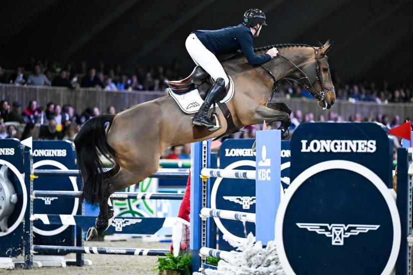 Belgian rider Niels Bruynseels with Origi vd Vosberg pictured in action during the FEI World Cup Jumping competition at the 'Vlaanderens Kerstjumping - Memorial Eric Wauters' equestrian event in Mechelen on Monday 30 December 2024. BELGA PHOTO TOM GOYVAERTS