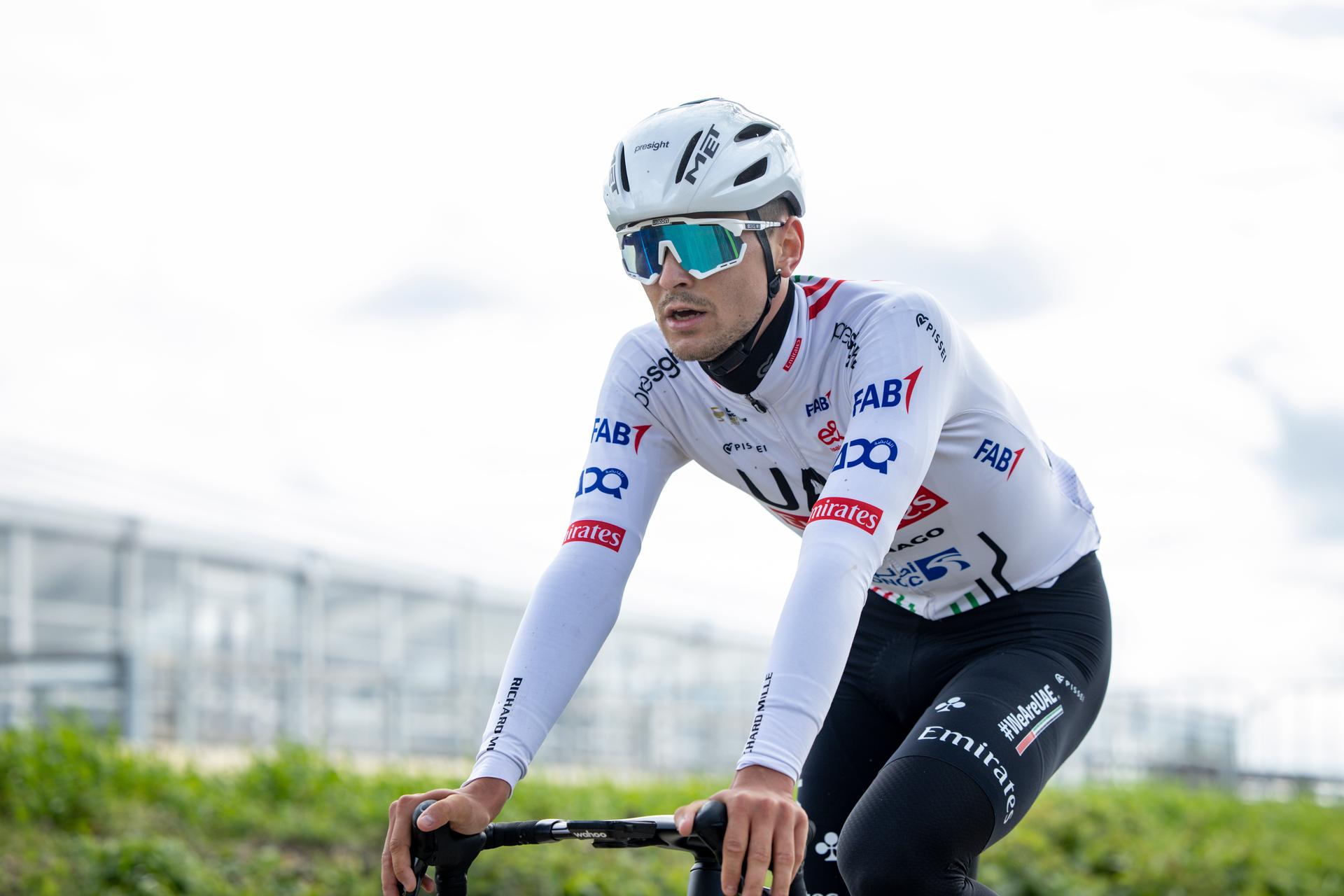 Italian Alessandro Covi of UAE Team Emirates pictured in action during a track reconaissance of several teams ahead of the Ronde van Vlaanderen/ Tour des Flandres/ Tour of Flanders cycling race, Friday 29 March 2024. The 108th edition of the cycling race will take place on Sunday 31 March. BELGA PHOTO DAVID PINTENS