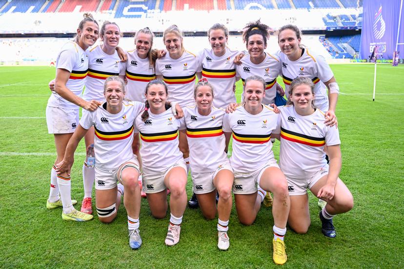 Belgium's players celebrate after winning a rugby match between Belgium and Portugal, the quarterfinals of the women's Rugby Sevens tournament, at the European Games in Krakow, Poland on Monday 26 June 2023. The 3rd European Games, informally known as Krakow-Malopolska 2023, is a scheduled international sporting event that will be held from 21 June to 02 July 2023 in Krakow and Malopolska, Poland. BELGA PHOTO LAURIE DIEFFEMBACQ