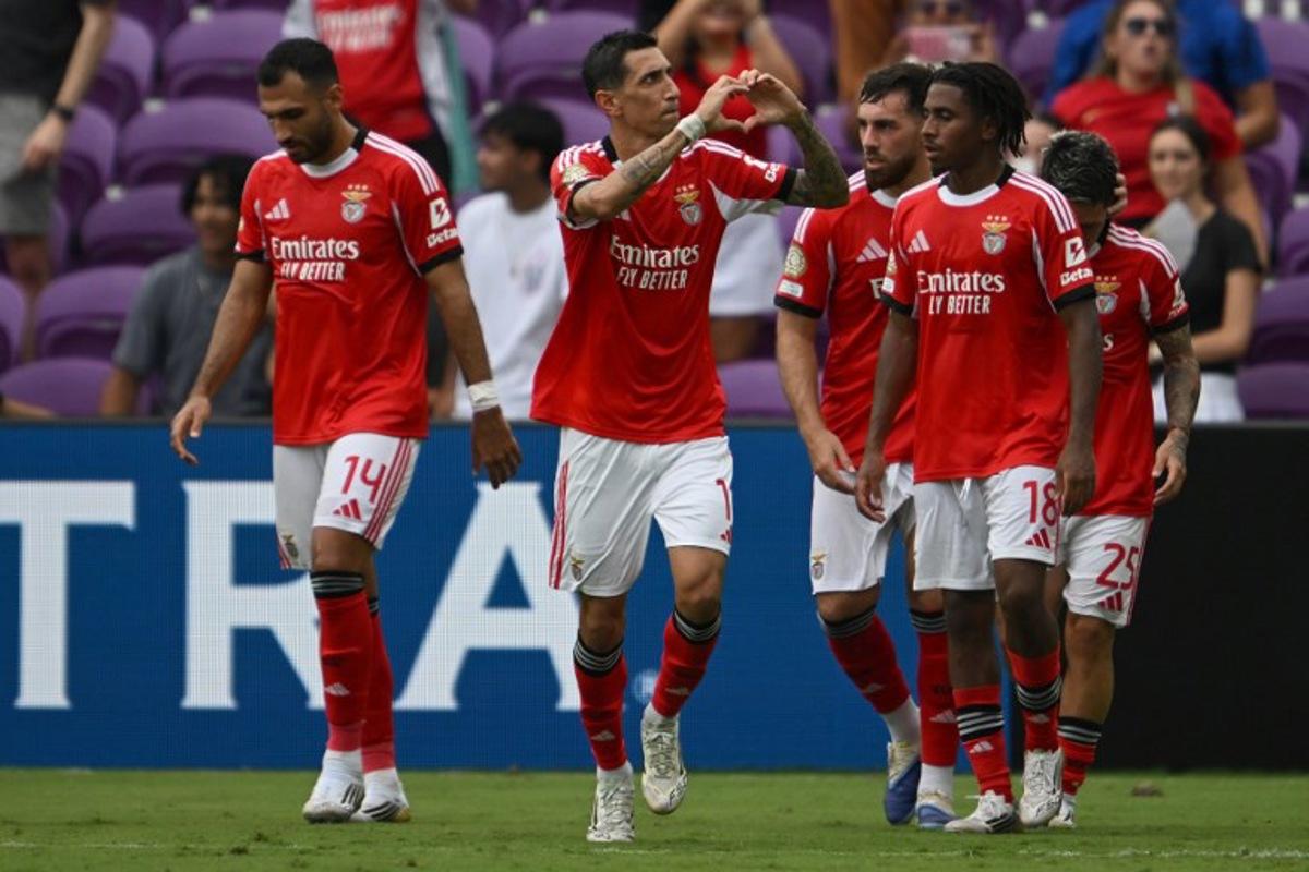 Benfica's Argentine midfielder #11 Angel Di Maria (C) celebrates after scoring a goal during the FIFA Club World Cup 2025 Group C football match between Portugal's Benfica and New Zealand's Auckland City at the Inter&Co stadium in Orlando on June 20, 2025.  Federico PARRA / AFP