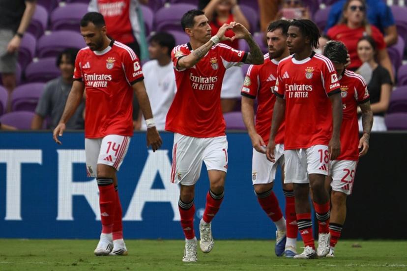 Benfica's Argentine midfielder #11 Angel Di Maria (C) celebrates after scoring a goal during the FIFA Club World Cup 2025 Group C football match between Portugal's Benfica and New Zealand's Auckland City at the Inter&Co stadium in Orlando on June 20, 2025.  Federico PARRA / AFP